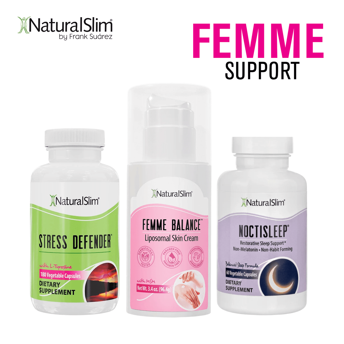 Femme Support Bundle: Stress Defender, Femme Balance liposomal skin cream and NoctiSleep